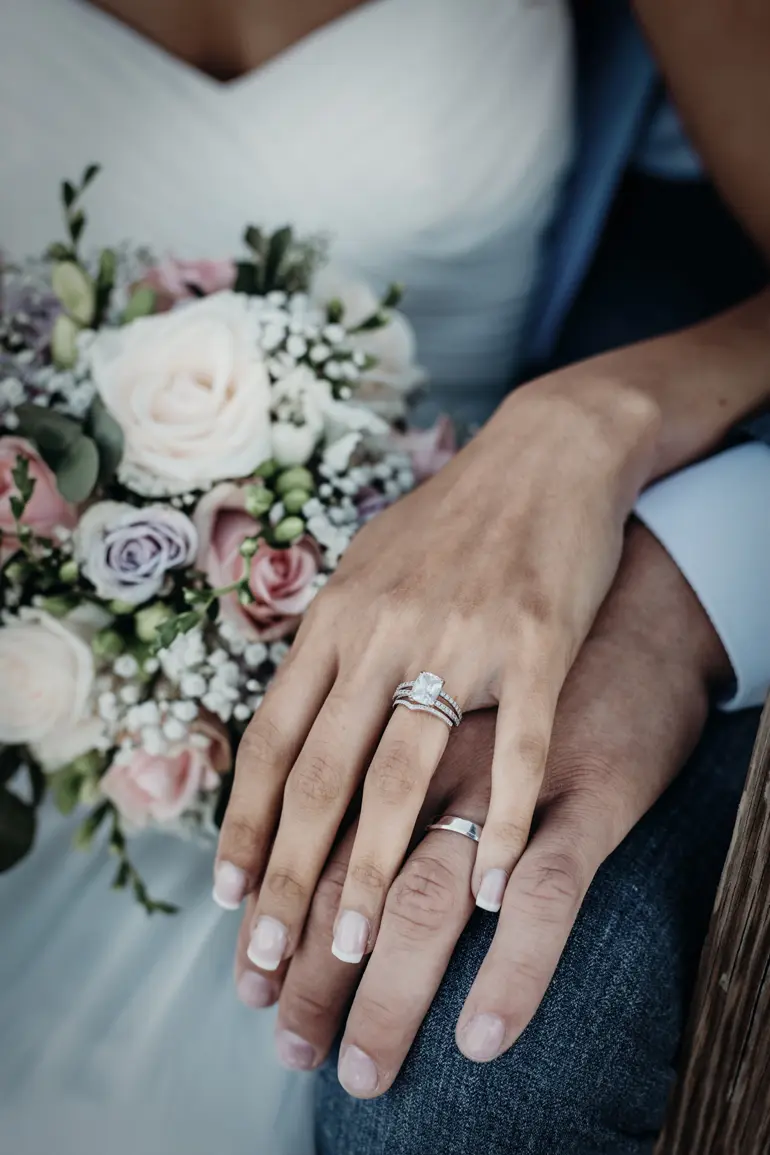brudparets händer med ringar och blombukett